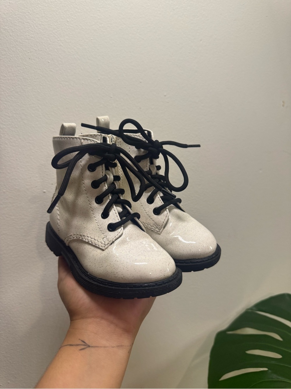wonder nation White Glitter Lace-Up Ankle Boots with Black Laces